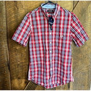 New CHAPS Ralph Lauren easy care button down short sleeve shirt red plaid size S